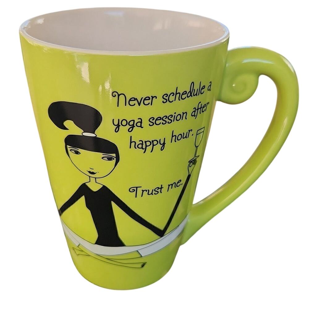 Hallmark lime green coffee mug. Comical Yoga themed happy hour